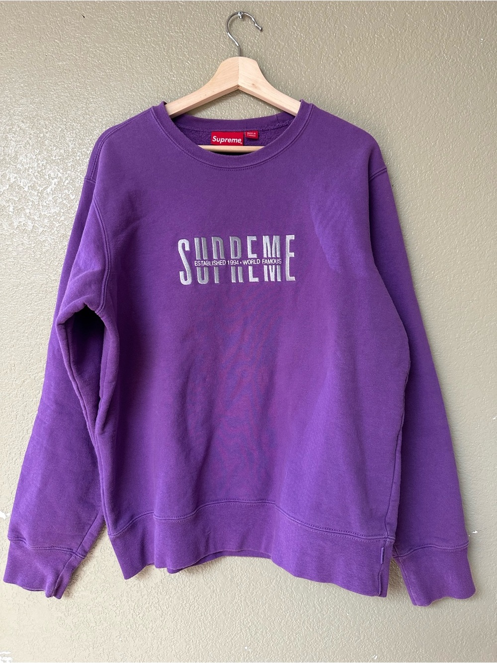 Supreme Purple Logo Crew Sweatshirt with Silver Print